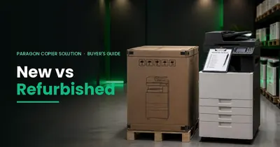 New photocopier in its box beside a tested refurbished photocopier – new vs refurbished guide by Paragon Copier Solution