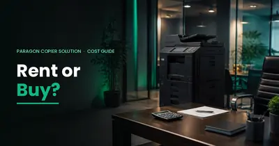 Office photocopier beside a desk with calculator and contract – photocopier rental vs buying in Pakistan