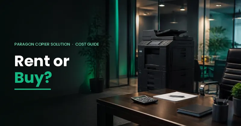 Office photocopier beside a desk with calculator and contract – photocopier rental vs buying in Pakistan